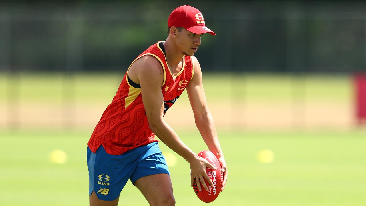 GOLD COAST, AUSTRALIA - NOVEMBER 25: Daniel Rioliduring a Gold Coast Suns AFL training session at Austworld Centre Oval on November 25, 2024 in Gold Coast, Australia. (Photo by Chris Hyde/Getty Images)