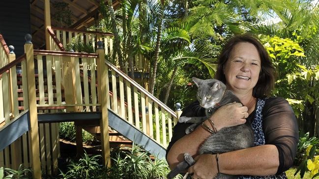 Kerry-Anne Cameron with Lightning the cat who enjoyed being on set while the filming of Secrets &amp; Lies at their family home at Ashgrove. Photo By Patria Jannides