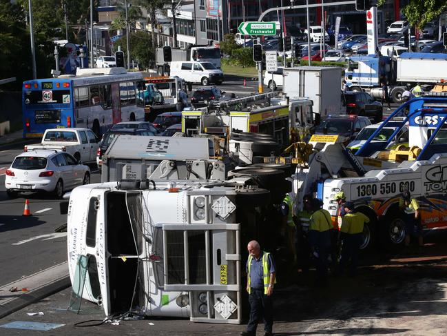 A semi-trailer rolled over on the notorious Pittwater Rd and Warringah Rd intersection in December 2015. Picture: Annika Enderborg