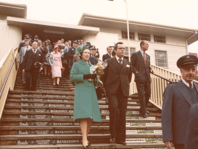 The late Queen Elizabeth II descends the steps at Bankstown station to bestow the title of ‘city’ on Bankstown in 1980. Picture: Supplied