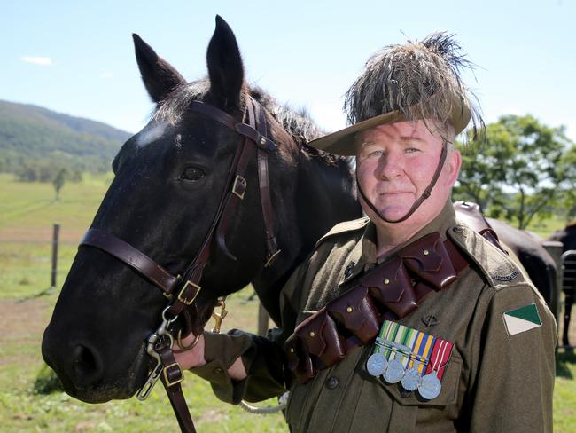 Shane Alloway (Woodford) with Alpha.He has participated in the Redcliffe March for a number of years with his Whaler horse Alpha. Shane Alloway dressed in light horse uniform with Alpha.Picture Chris Higgins