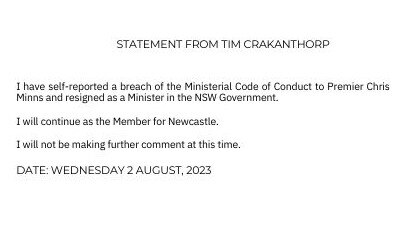 A statement released by Tim Crakanthorp on late Wednesday afternoon.