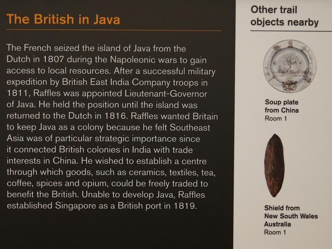 Information displayed alongside Indonesian objects on the ‘Collecting and Empire’ trail at the British Museum in London. Picture: News Corp Australia Network