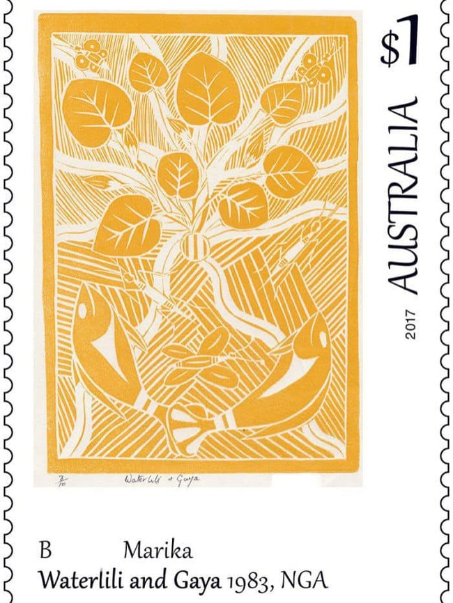 An artwork by Dr B Marika AO featured on a stamp.