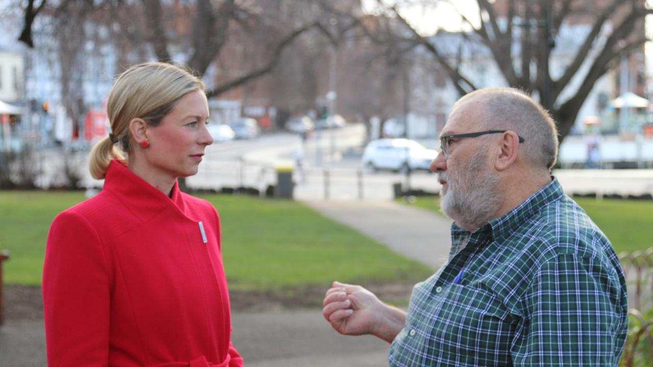 Opposition leader Rebecca White with forestry advocate Terry Edwards on Parliament Lawns in Hobart on Friday, July 14, 2023.