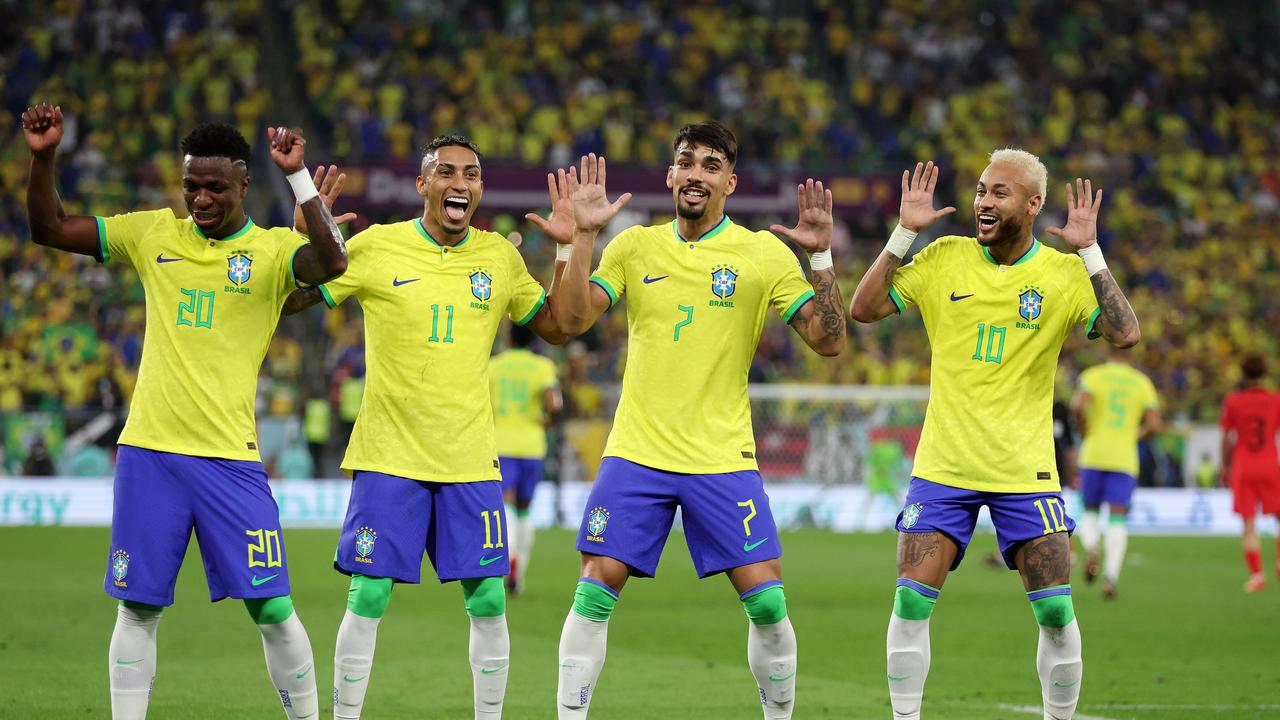 Neymar of Brazil celebrates with Raphinha, Lucas Paqueta and Vinicius Junior after scoring the team's second goal via a penalty. Picture: Getty