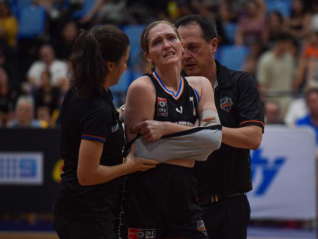 Claire-Maree Hunt was injured in the final quarter against the Dolphins. Picture: Pema Pakhrin.