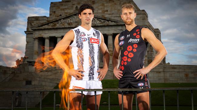 Scott Pendlebury and Dyson Heppell at the Shrine of Remembrance. Picture: Mark Stewart