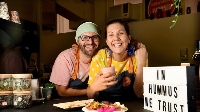 Hubba Hubba Hummus owners, husband-wife team David and Christina Porcaro at their new diner at Adelaide Uni's Schulz Building. Picture: Tricia Watkinson