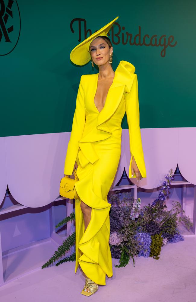 She opted for a plunging yellow dress. Picture: Jason Edwards