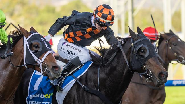 Jamie Kah rides Benedetta to victory in the Group 1 The Goodwood at Morphettville. Picture: Makoto Kankeko