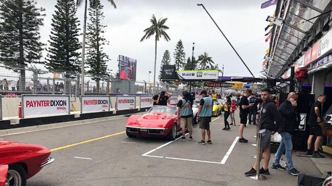 Classic cars preparing for a lap of the track. Picture: Robbie Patterson