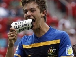 Dylan Tombides celebrates scoring for Australia against the Ivory Coast at the U/17 World Cup in 2011.