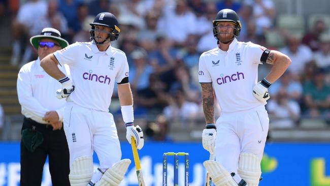 England captain Ben Stokes (R) with first-innings centurion Joe Root. Picture: Getty