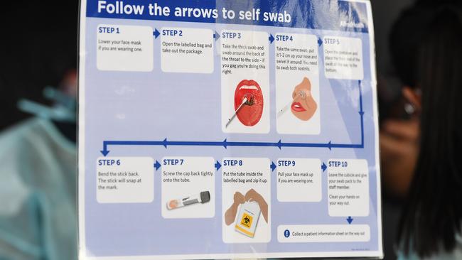 Signage for a self swab COVID-19 test is seen at a pop-up testing facility in Broadmeadows on Friday. Picture: James Ross/AAP