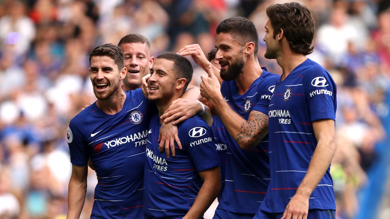 Eden Hazard of Chelsea celebrates with teammates