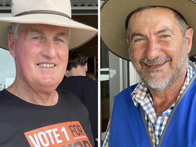 Mayoral contenders Greg Williamson and Laurence Bonaventura were both manning the polling booth at Mackay Northern Beaches State High School in Rural View on Saturday, March 16, 2024. Picture: Fergus Gregg