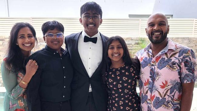 Lindisfarne Anglican Grammar School family: Luximi Gnanananthan, Kailash Sivabalan (Year 8), Trishul Sivabalan (Year 12), Rithika Sivabalan (Year 7) and Ramesh Sivabalan. Picture: Supplied