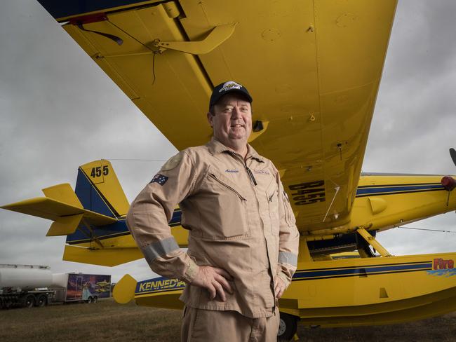 Aviation firefighting fleet demonstration at Colebrook, pilot Andrew Kennedy of Kennedy Air with his Air Tractor Fire Boss. Picture: Chris Kidd