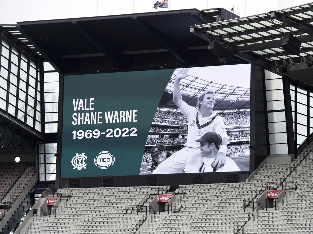 A tribute to Shane Warne on the video screen at the Melbourne Cricket Ground. Picture: NCA NewsWire/Andrew Henshaw