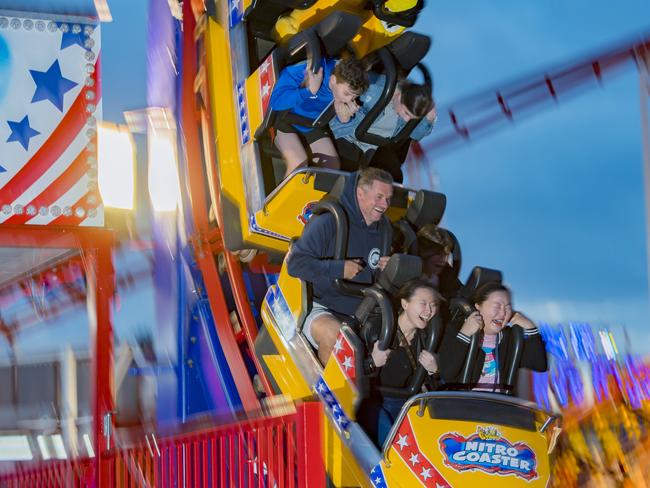 Crowds having fun on the Royal Melbourne Show rides. Picture: Jason Edwards