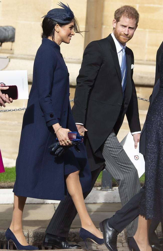 Meghan’s choice of outfit for Princess Eugenie’s wedding also raised speculation that she may be pregnant. Picture: EPA