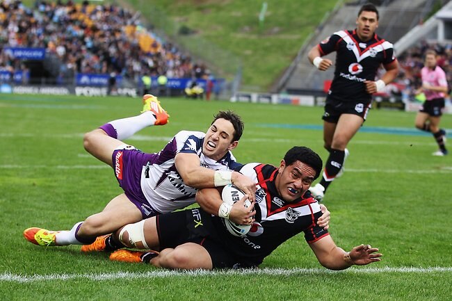 <p>Warriors v Storm: Konrad Hurrell opens the scoring for the Warriors.</p>