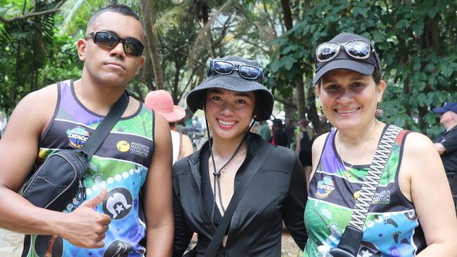 Ratu Davui, Francess Abella and Natasha Davui are among the first bushwalkers to venture along the Wangetti Trail at its opening in Palm Cove on Wednesday, September 25, 2024.