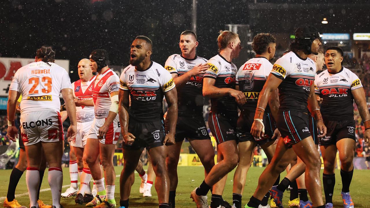 Sunia Turuva of the Panthers celebrates scoring a try during the 2023 World Club Challenge match against St Helens at BlueBet Stadium. Picture: Getty Images