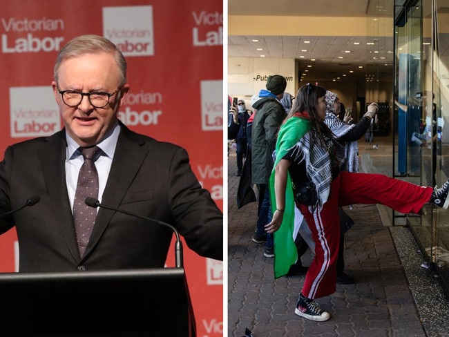 Prime Minister Anthony Albanese has taken the stage to address party faithful at Victoria’s state conference, despite ugly scenes erupting between delegates and pro-Palestine protesters.
