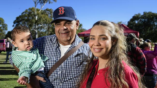 At Sadie's Day Out are Stirling Armstrong with grandad Jason Moore and mum Jessica Evelyn. The event, a special celebration of the life of five-year-old crash victim Sadie, was held at Cambooya State School, Saturday, June 7, 2025. Picture: Kevin Farmer