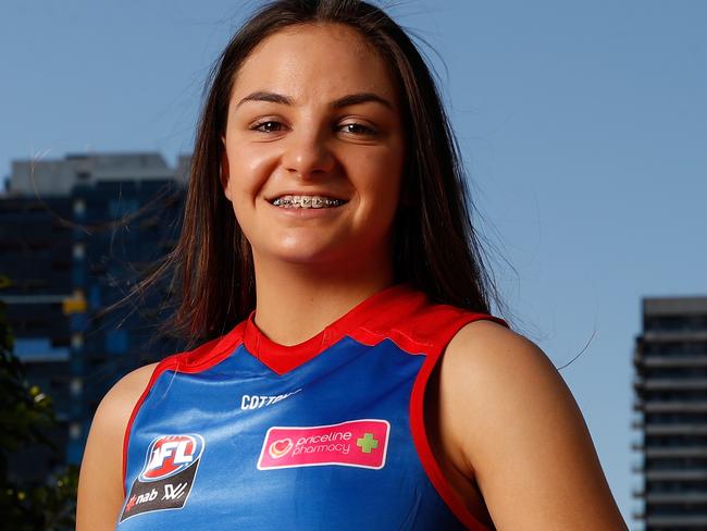 MELBOURNE, AUSTRALIA - OCTOBER 18: Monique Conti of the Bulldogs poses for a photograph during the 2017 NAB AFL Women's Draft at Docklands on October 18, 2017 in Melbourne, Australia. (Photo by Michael Willson/AFL Media/Getty Images)