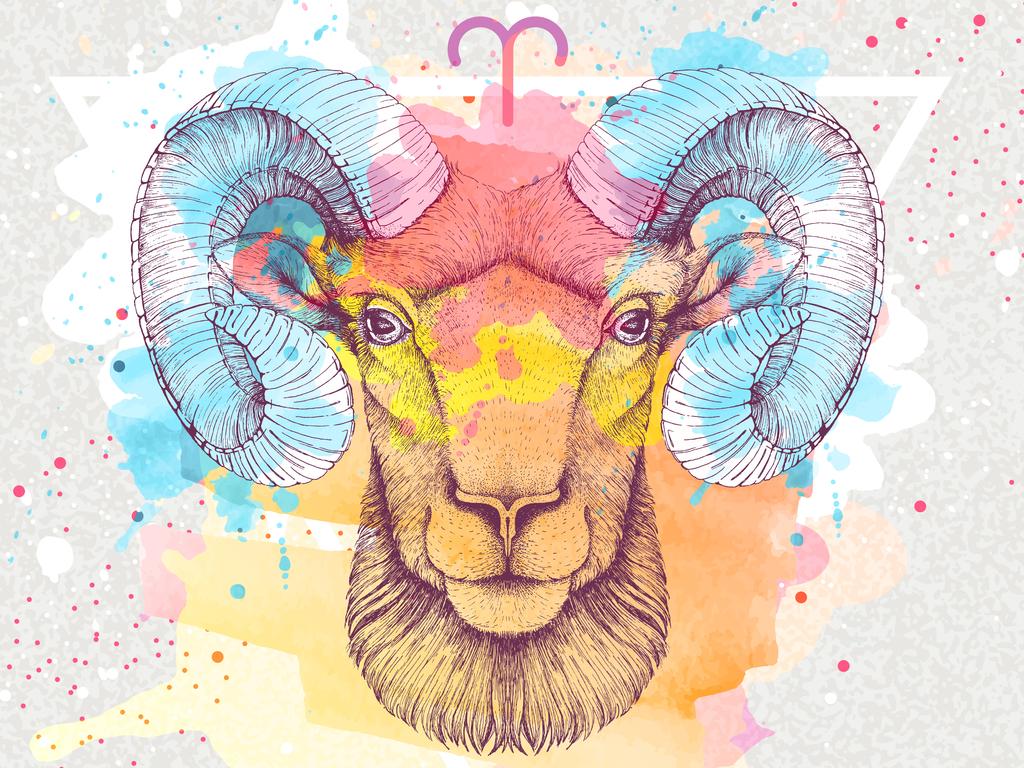 Modern magic witchcraft card with astrology Aries zodiac sign on artistic watercolor background. Realistic hand drawing ram or mouflon head. Zodiac characteristic