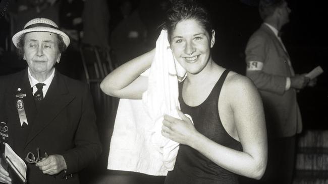 Dawn Fraser after a heat win of the 100m freestyle. 1956 Olympic Games in Melbourne.