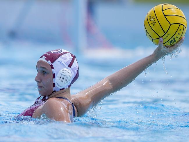 Action from the Water Polo 15&U and 17&U Female National State Championships at the Gold Coast Aquatic Centre, Southport, on Tuesday 27 September 2022.  15&U Gold  medal game match between QLD Maroon and NSW Blues.  QLD's #7  Willow Spero.  Picture: Jerad Williams