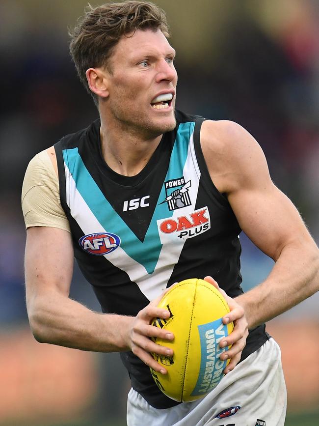 Port Adelaide’s Brad Ebert looks to move the football against  the Western Bulldogs at Mars Stadium in Ballarat. Picture: Julian Smith/AAP