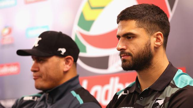 David Kidwell and Jesse Bromwich at the Four Nations final press conference.