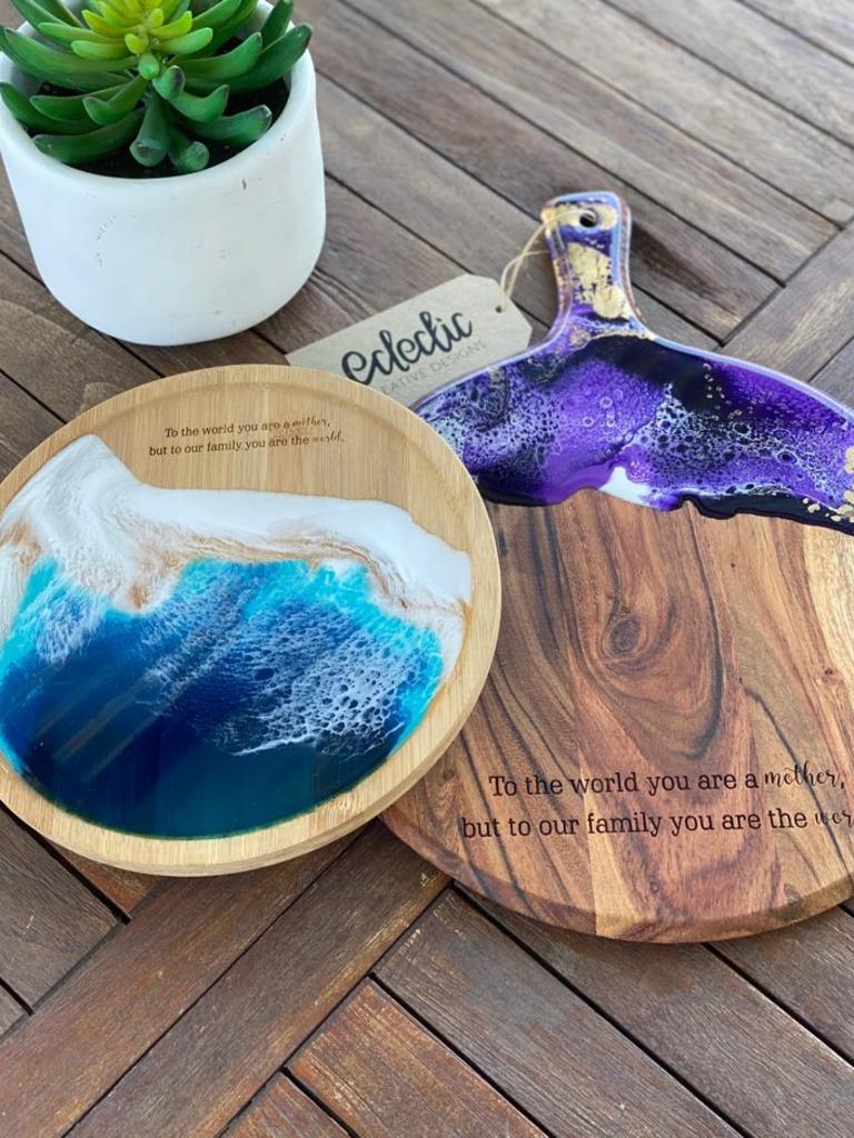 Eclectic Creative Designs have resin cheese boards and grazing boards available to purchase via www.eclecticcreativedesigns.com.au Use code 'LCLPIKUP' at checkout to pick up from their studio in South Mackay or message via Facebook to view available stock. For custom colours or engraving options, orders must be finalised by Tuesday, May 5. Picture: Contributed.