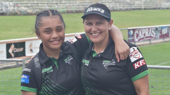 Townsville Blackhawks under-17 player Serenity Mila with coach Rebecca Petersen at the CQ Capras versus Townsville Blackhawks underage games, Browne Park, Rockhampton, on February 17, 2024.