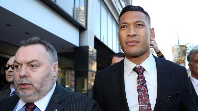 Israel Folau with his barrister Stuart Wood QC. Picture: MATRIX