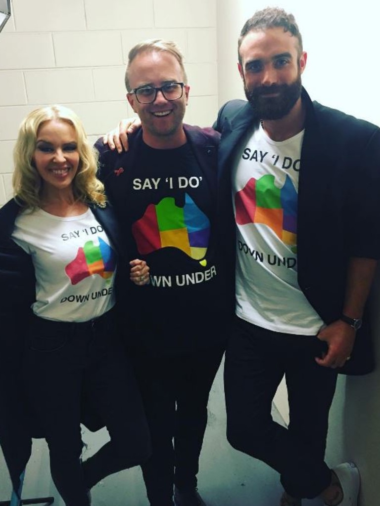 The 2016 ARIA Awards via social media ... Jonathon Moran with Kylie Minogue and Joshua Sasse, "Saying I Do Down Under." Picture: Instagram