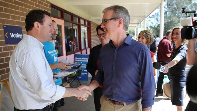 Labor leader Michael Daley meets Stuart Ayres in Penrith. Picture: David Swift.