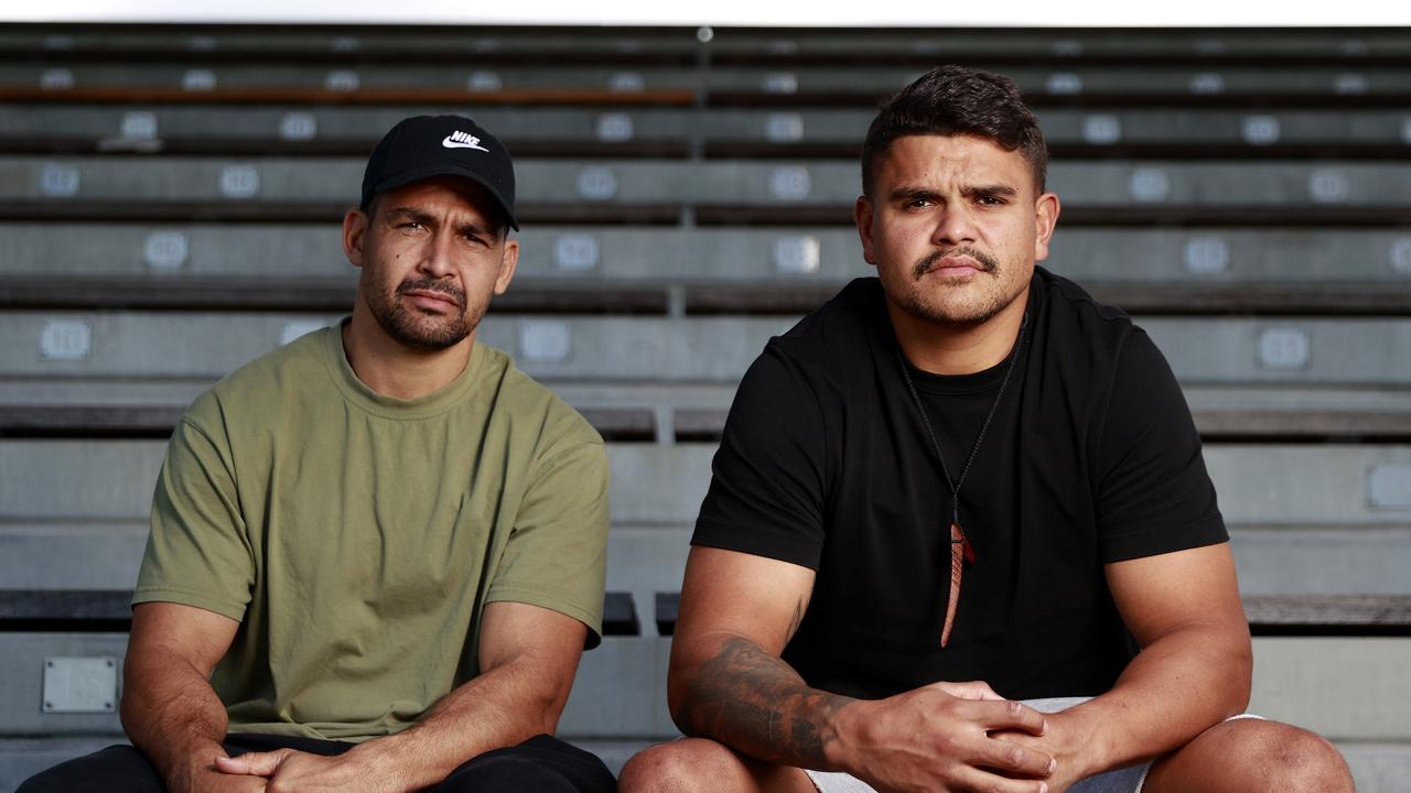 Latrell Mitchell and Cody Walker at Redfern Oval for the Code Sports Investigation series into social media abuse. Picture: Tim Hunter.