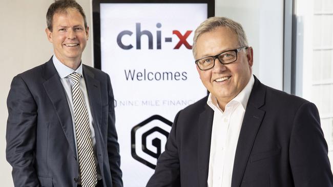 Chi-X Australia CEO Vic Jokovic, right, and Nine Mile Financial's Morgan Potter. Picture: Karl Schwerdtfeger