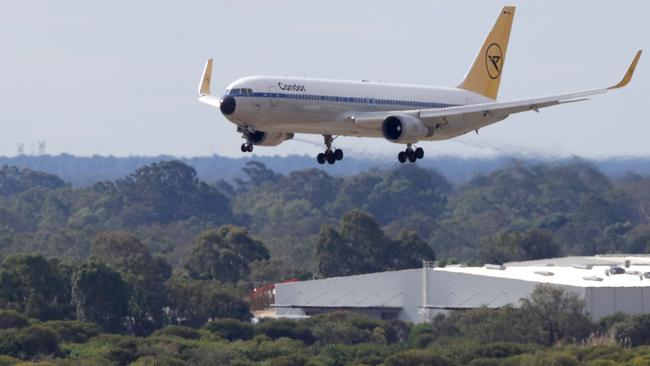 The first of four Condor Airlines charter flights arriving from Frankfurt in Germany via Phuket in Thailand to repatriate passengers from the coronavirus-infected cruise ship MS Artania which docked in Fremantle harbour on Friday. Picture: AAP Image/Richard Wainwright