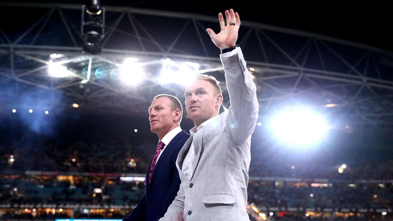 Luke Lewis and Peter Wallace are acknowledged at the 2018 NRL Grand Final. (Photo by Cameron Spencer/Getty Images)