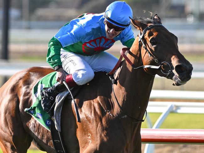 WARRNAMBOOL, AUSTRALIA - MAY 01: Fred Kersley riding Tuvalu winning race 8, the The Midfield Group Wangoom Handicap during Galleywood Day at Warrnambool Racecourse on May 01, 2024 in Warrnambool, Australia. (Photo by Vince Caligiuri/Getty Images)