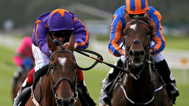 Frankie Dettori and Wicklow Brave (left) outgun the hot favourite Order Of St George to win the Irish St Leger. Picture: Getty Images