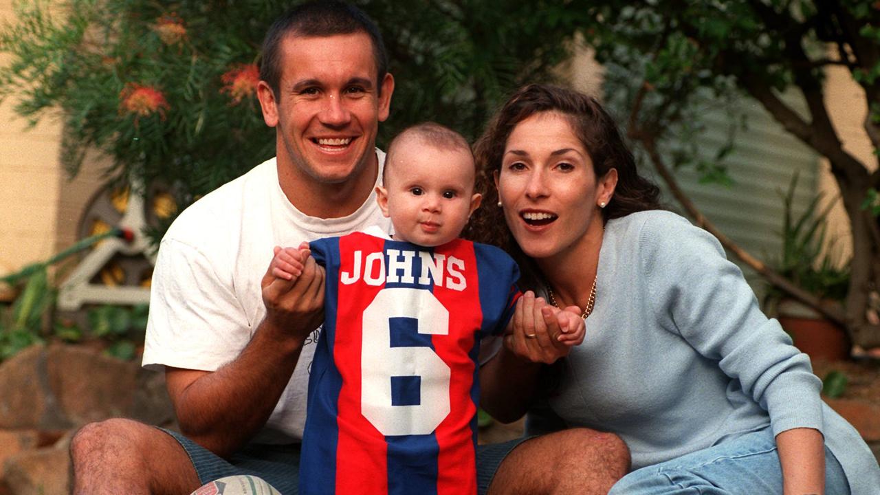 Matthew Johns with his wife Trish and son Jack back in 1998 during his playing days. Matthew credits Jack with helping to repair his relationship with brother Andrew.