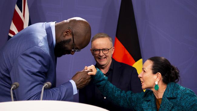 Prime Minister Anthony Albanese holding a press conference with Minister for Indigenous Australians Minister Linda Burney and NBA legend Shaquille O'Neal. Picture: Monique Harmer